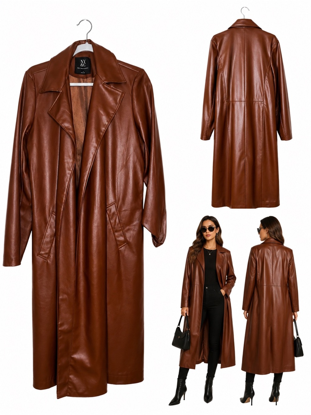 New York & Company Brown Faux Leather Long Trench Coat - Picture 2 of 2
